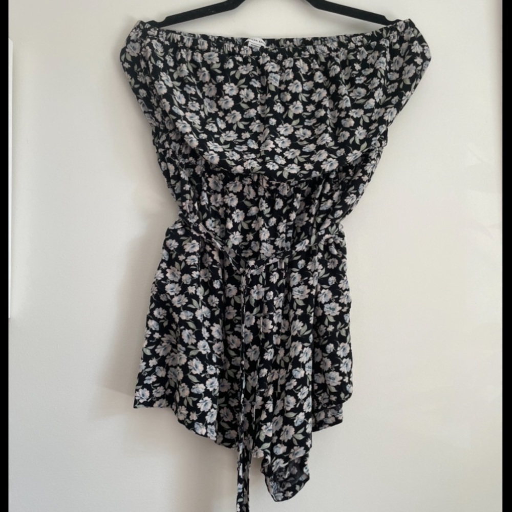 Floral and black print strapless romper with detachable belt tie
